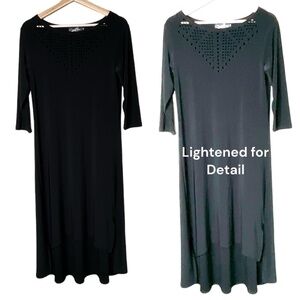 SYMPLI Black Midi Dress Hi-Lo Hem 3/4 Sleeves Laser Cut Bodice Detail US SZ 6